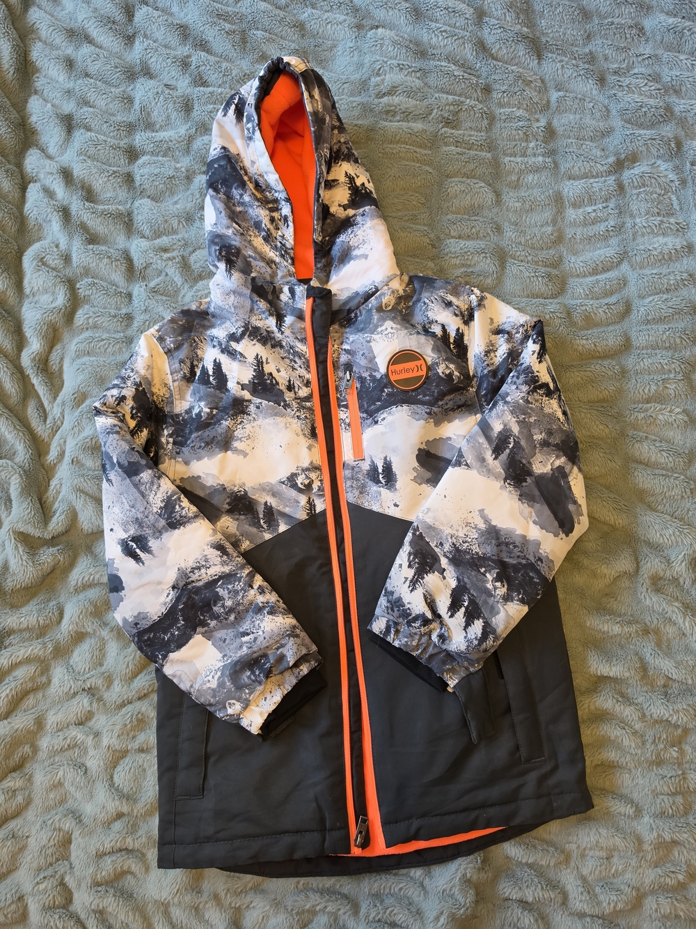 Hurley Kids' Black & White Mountain Print Hooded Jacket with Orange Trim 14/16